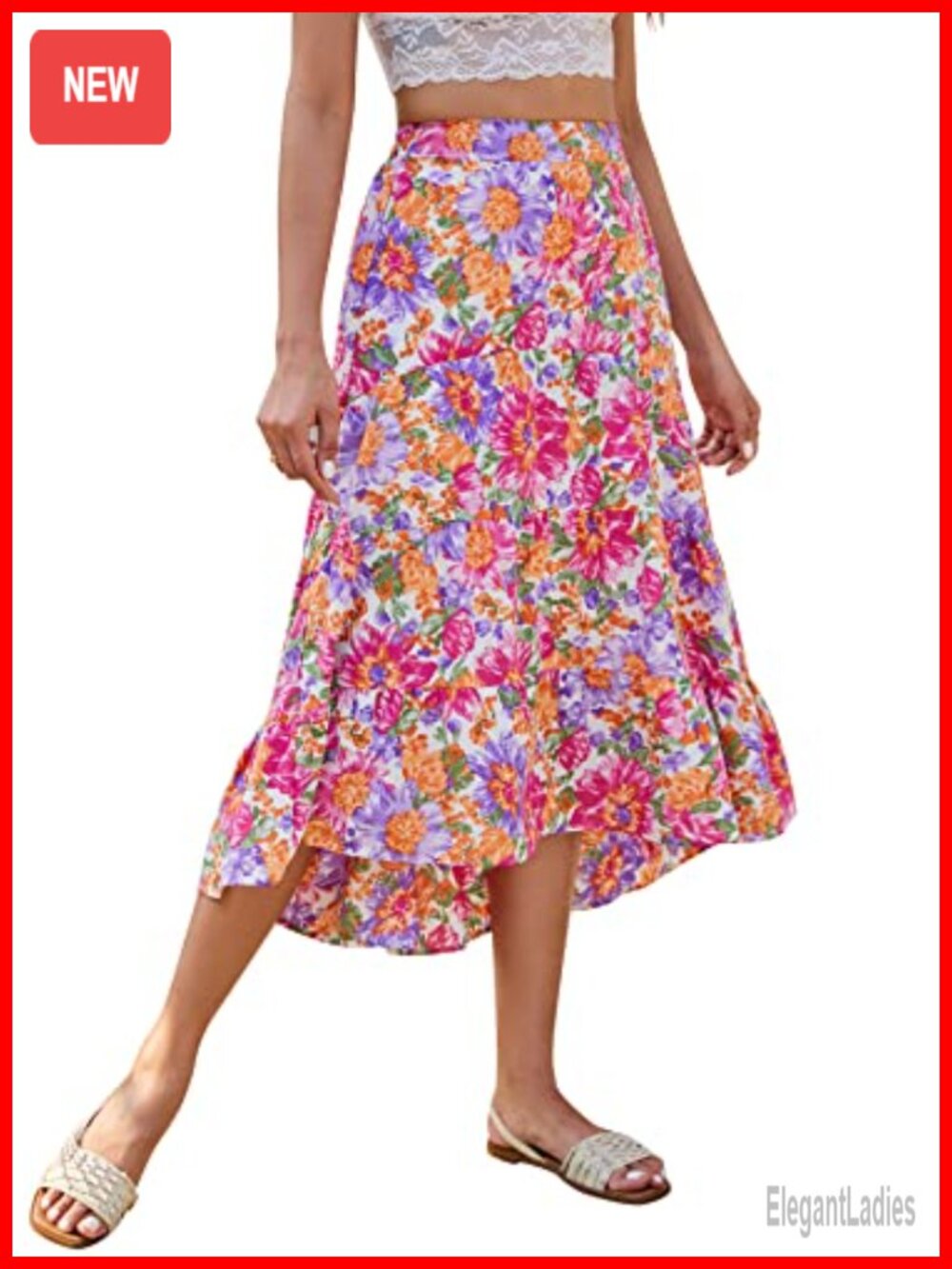 Women's Boho Floral Chiffon High Low Midi Skirt Asymmetrical Hem